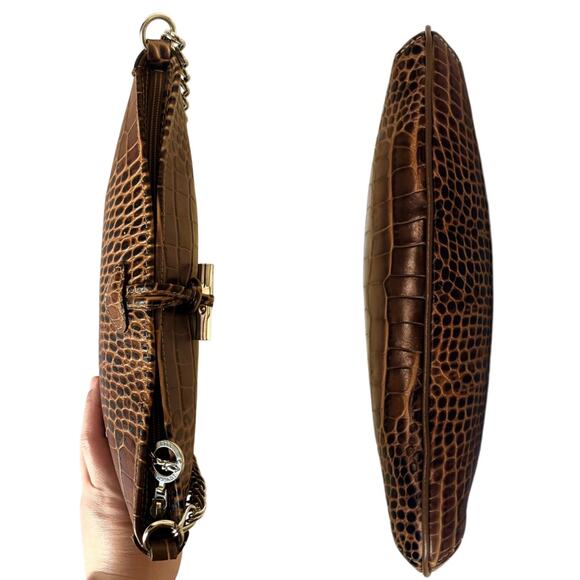 Longchamp Roseau Croc Embossed Leather Shoulder Baguette Bag Brown Vintage Y2K - Picture 8 of 10